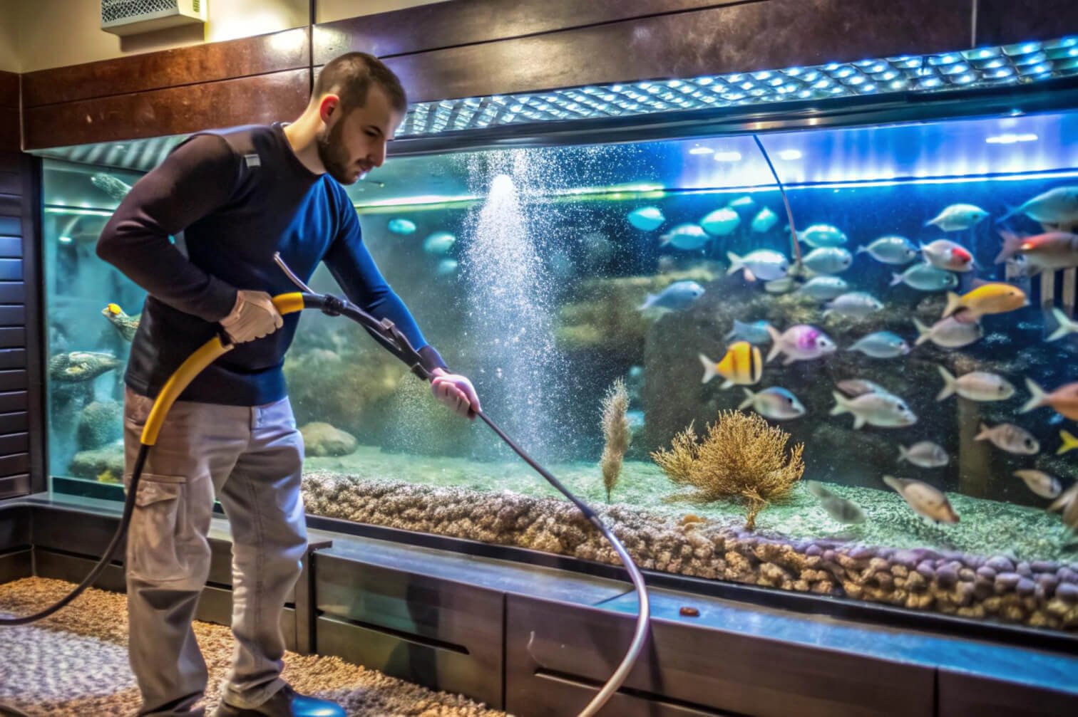 Aquarium Junkie technician performing emergency aquarium repair in Douglasville GA with rapid troubleshooting, water correction, and equipment replacement.